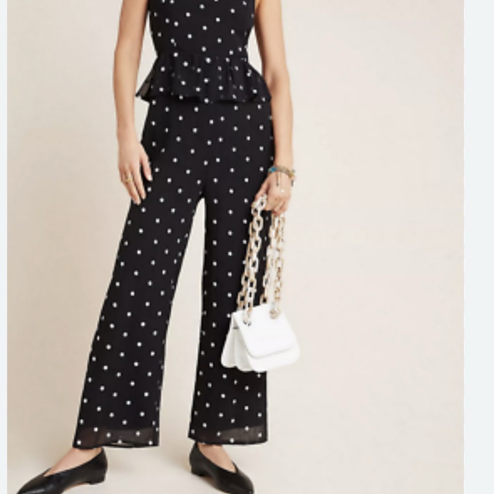 Anthropologie Black and White Polka Dot Jumpsuit with Wide-Leg Design